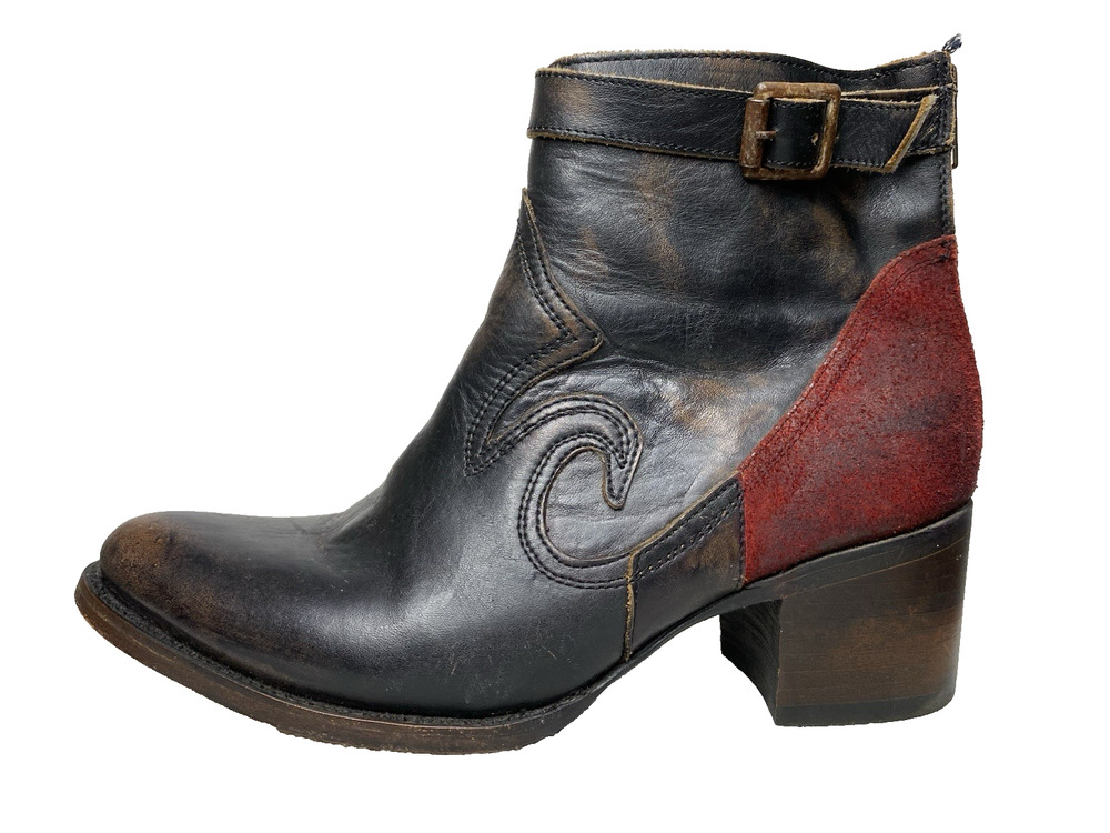 Freebird Brick Boot Ankle Heel Booties Women's 9 Black Red Swirl Leather Boho